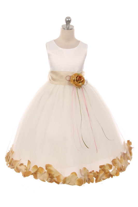 Ivory Satin Flower Petal Girls Dress with Organza Sash (1 of 2)