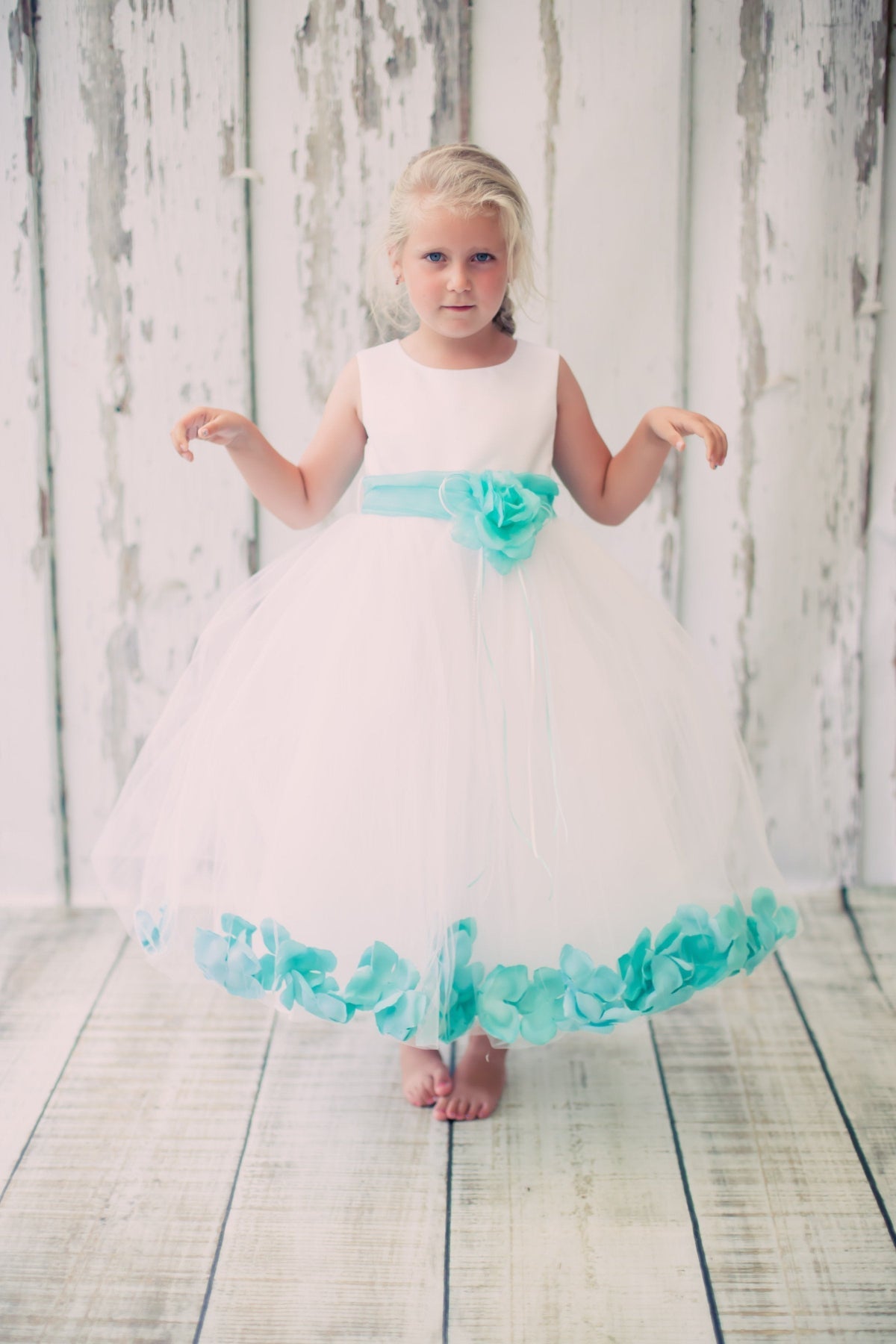 White Satin Flower Petal Girl Dress with Organza Sash (2 of 2) 4 / White / Hunter Green White Satin Flower Petal Girl Dress with Organza Sash (2 of 2) 4 / White / Hunter Green