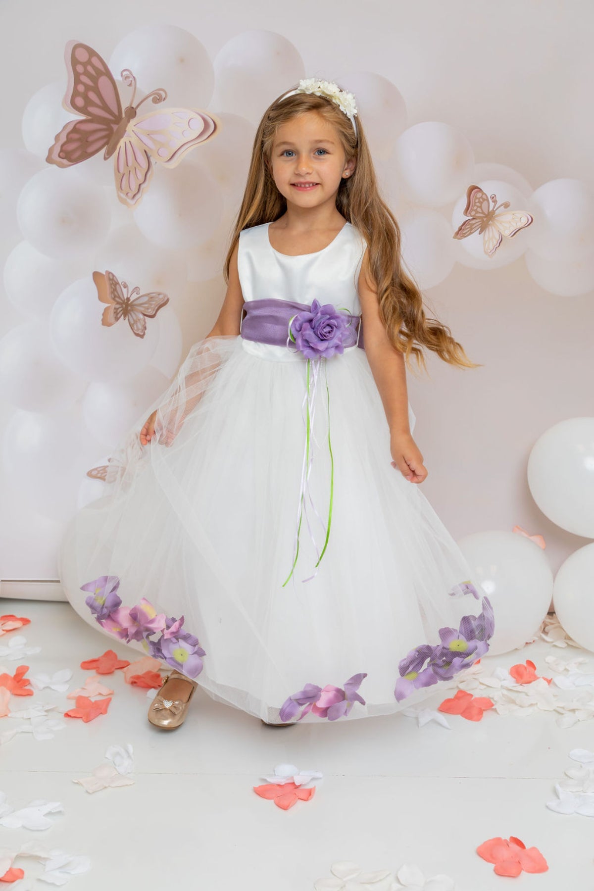 White Satin Flower Petal Girl Dress with Organza Sash (1 of 2) 2 / White / Sage White Satin Flower Petal Girl Dress with Organza Sash (1 of 2) 2 / White / Sage