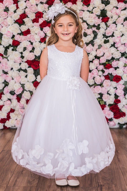White Sequin Top Flower Petal Girls Dress