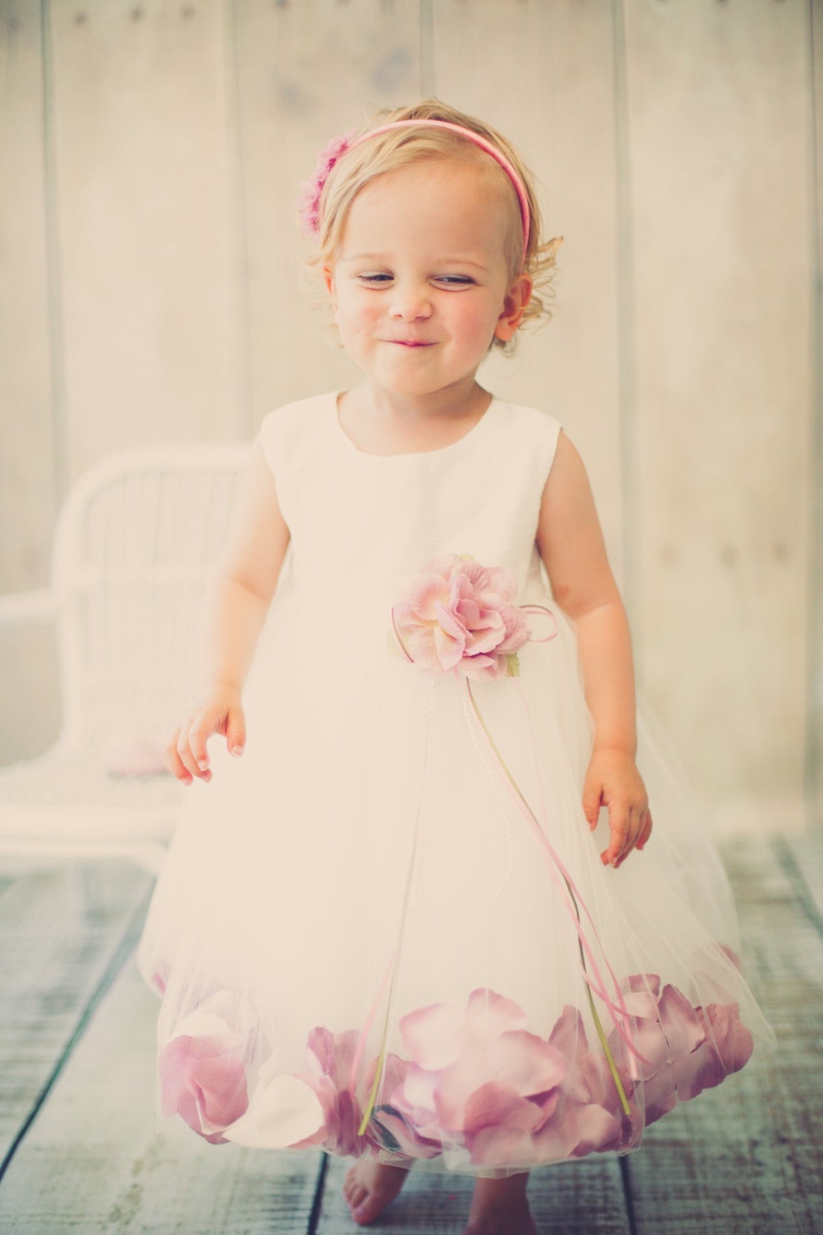 White Satin Flower Petal Baby Dress