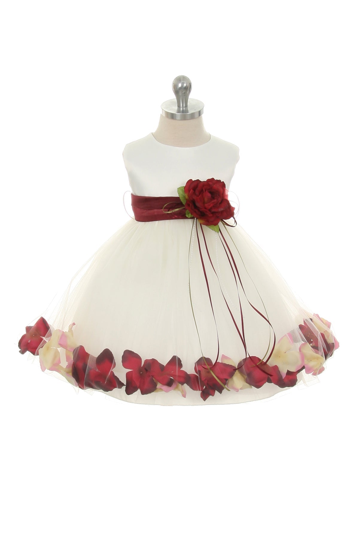 Ivory Satin Flower Petal Baby Dress with Organza Sash S-6M / Ivory / Burgundy