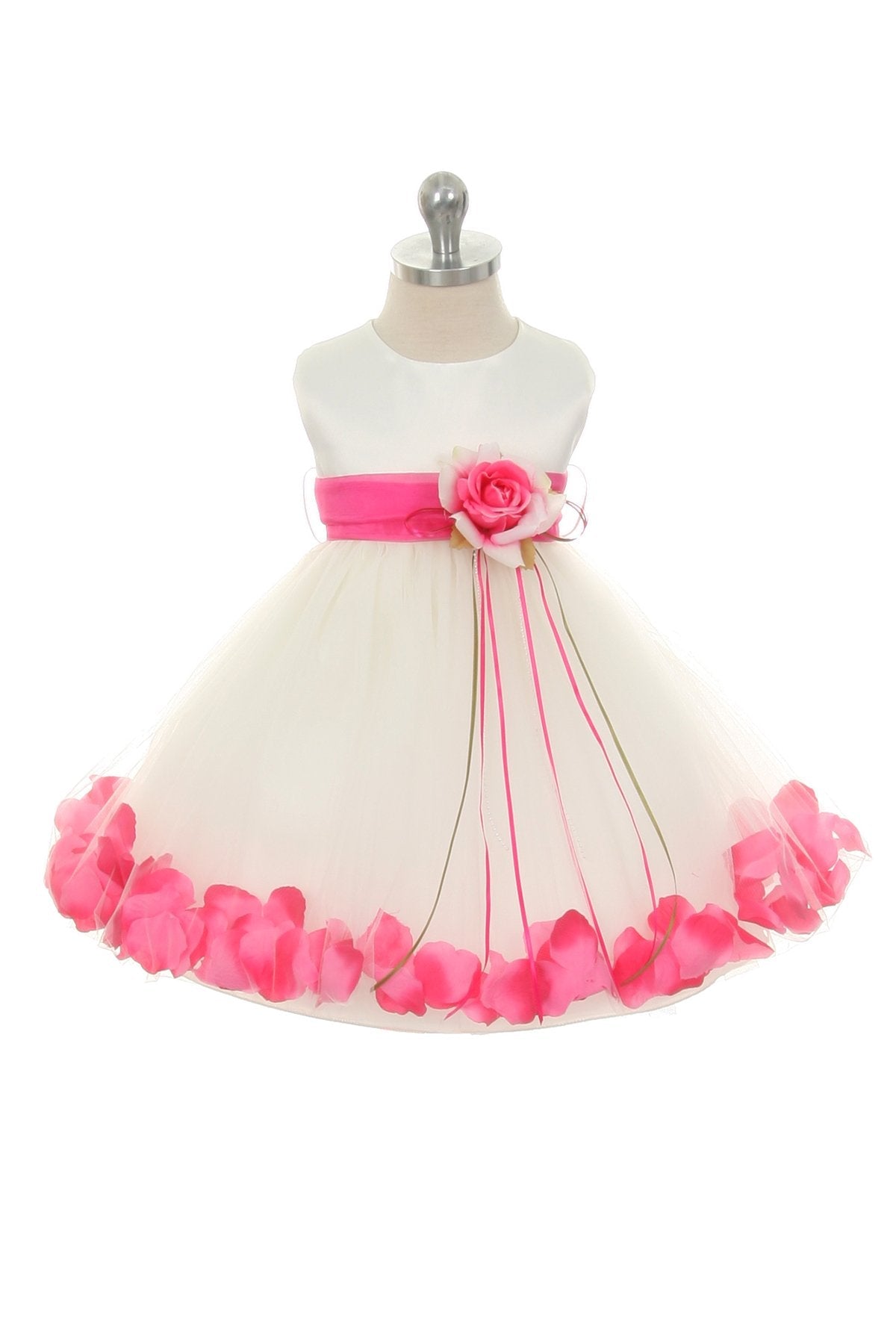 White Satin Flower Petal Baby Dress with Organza Sash