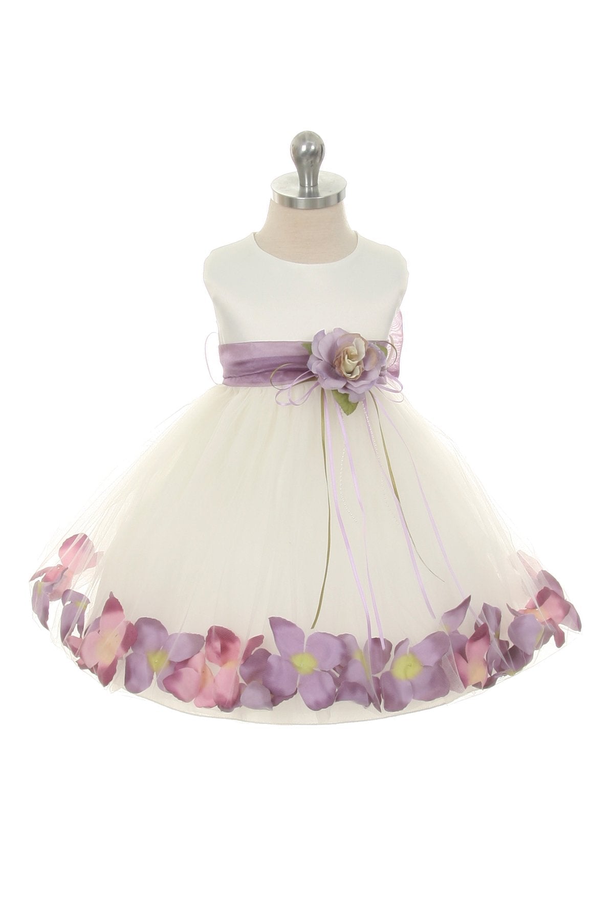 White Satin Flower Petal Baby Dress with Organza Sash
