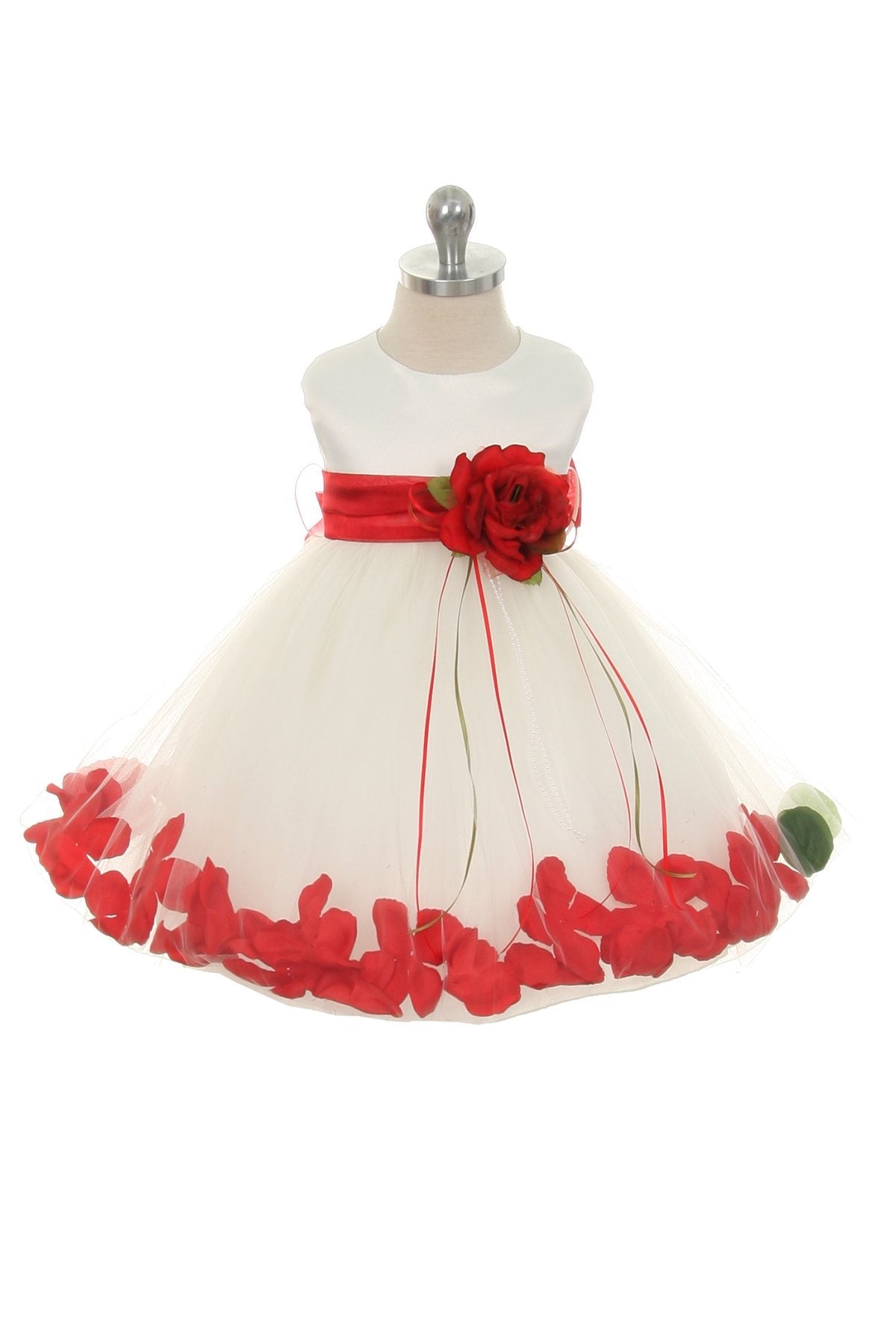 White Satin Flower Petal Baby Dress with Organza Sash