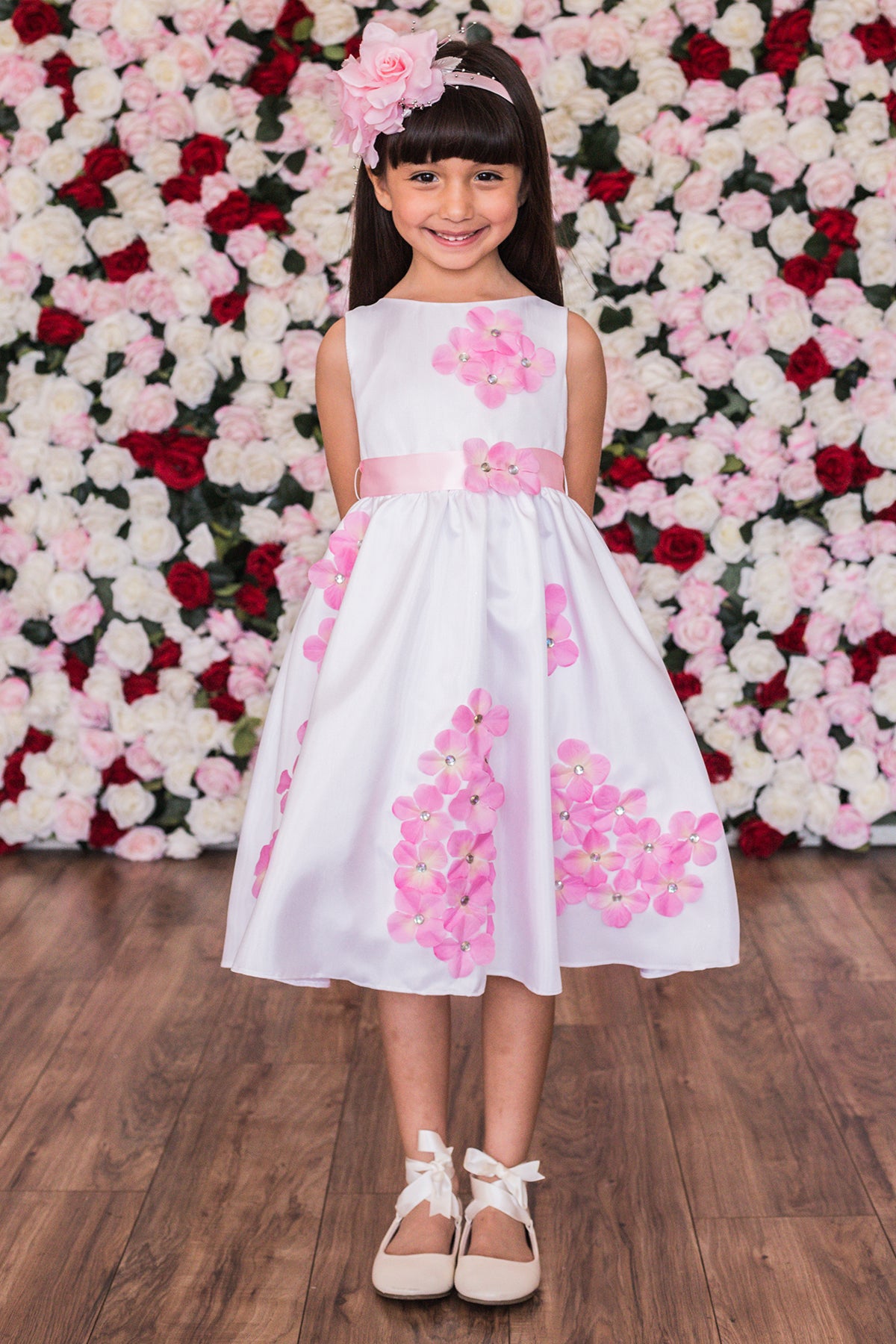 Shantung Girls Dress Decorated with Flower Petals 14 / Ivory / Pink Shantung Girls Dress Decorated with Flower Petals 14 / Ivory / Pink