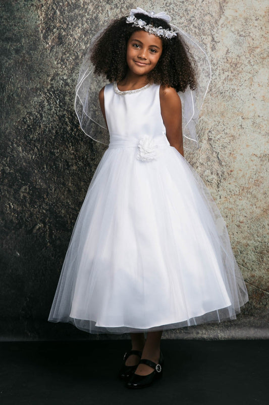 Amanda Satin & Tulle Girls Dress with Rhinestone Neckline & Flower Sash with Plus Size
