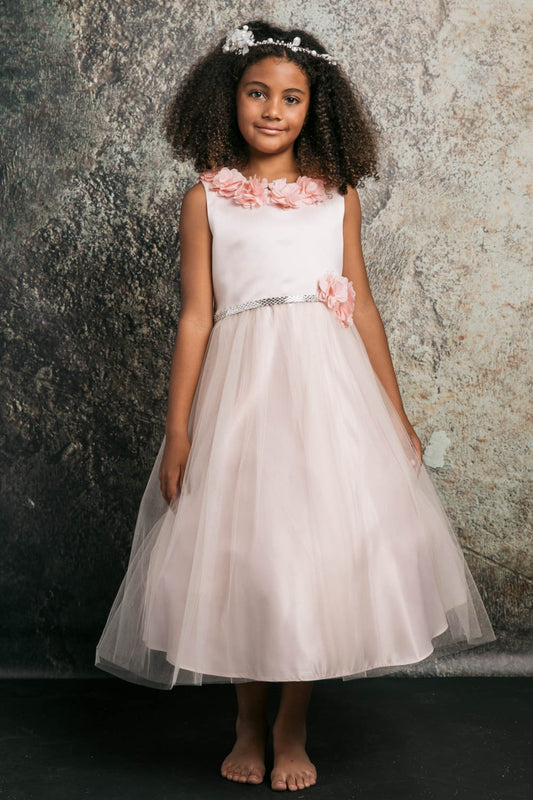 Maya Satin & Tulle Girls Dress with 3D Flowers and Crystal Belt