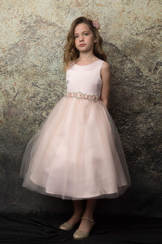 Zoey Satin & Tulle Girls Dress with Crystal Belt and Plus Size