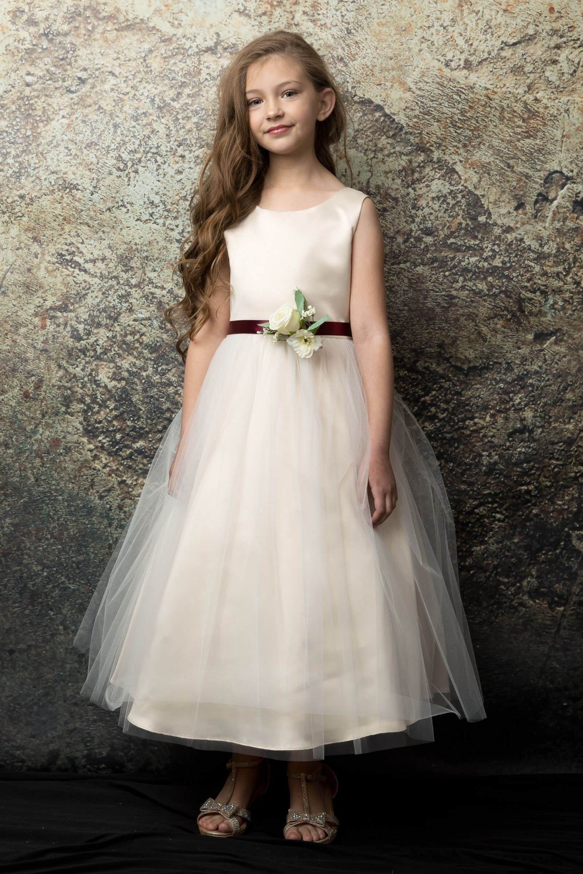 *Last Piece* Rossybell Satin & Tulle Girls Dress with Satin Sash & Flower and Plus Size