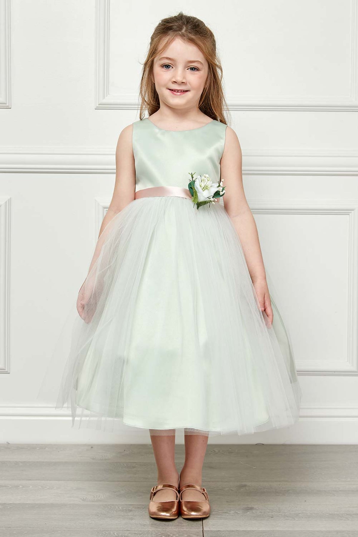 Rossybell Satin & Tulle Girls Dress with Satin Sash & Flower and Plus Size
