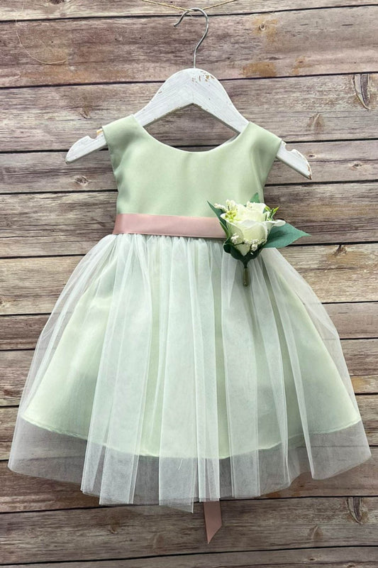 Rossybell Satin & Tulle Baby Dress with Satin Sash & Flower