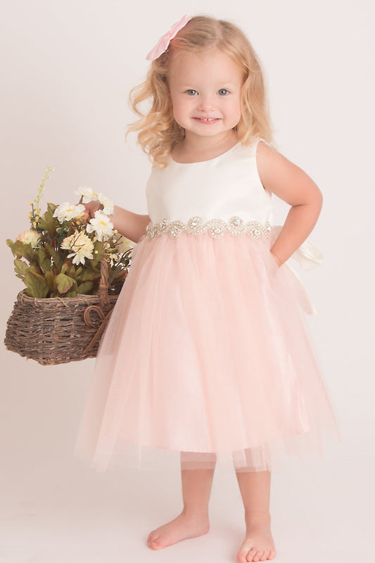 Abigail Satin & Tulle Baby Dress with Swirl Rhinestone Belt