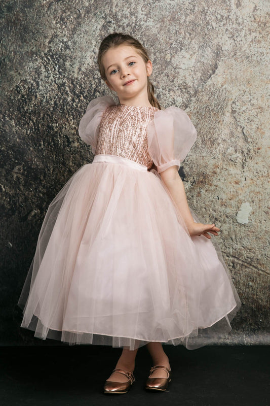 Dress - Valentina Glitter & Tulle Girls Dress With Organza Bubble Sleeves