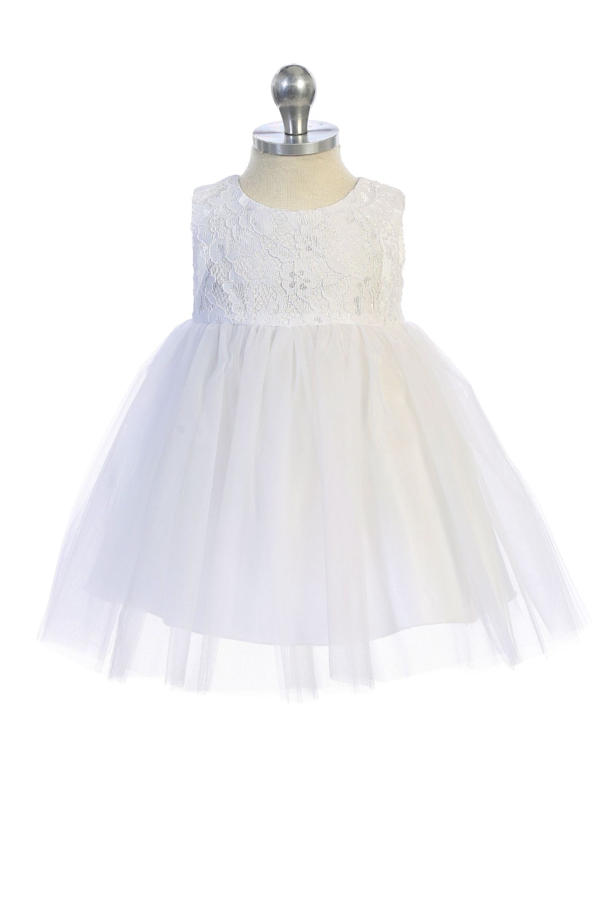 Lace Illusion Baby Dress with Mesh Pearl Trim