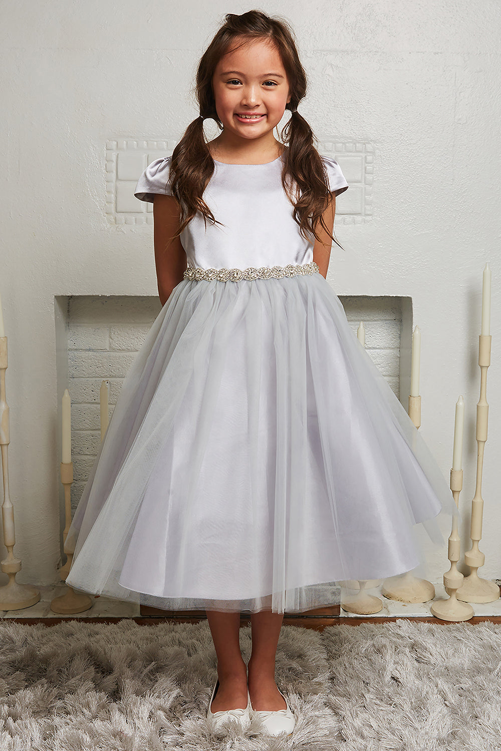 Capped Sleeve Satin Tulle Girls Dress with Braided Rhinestone