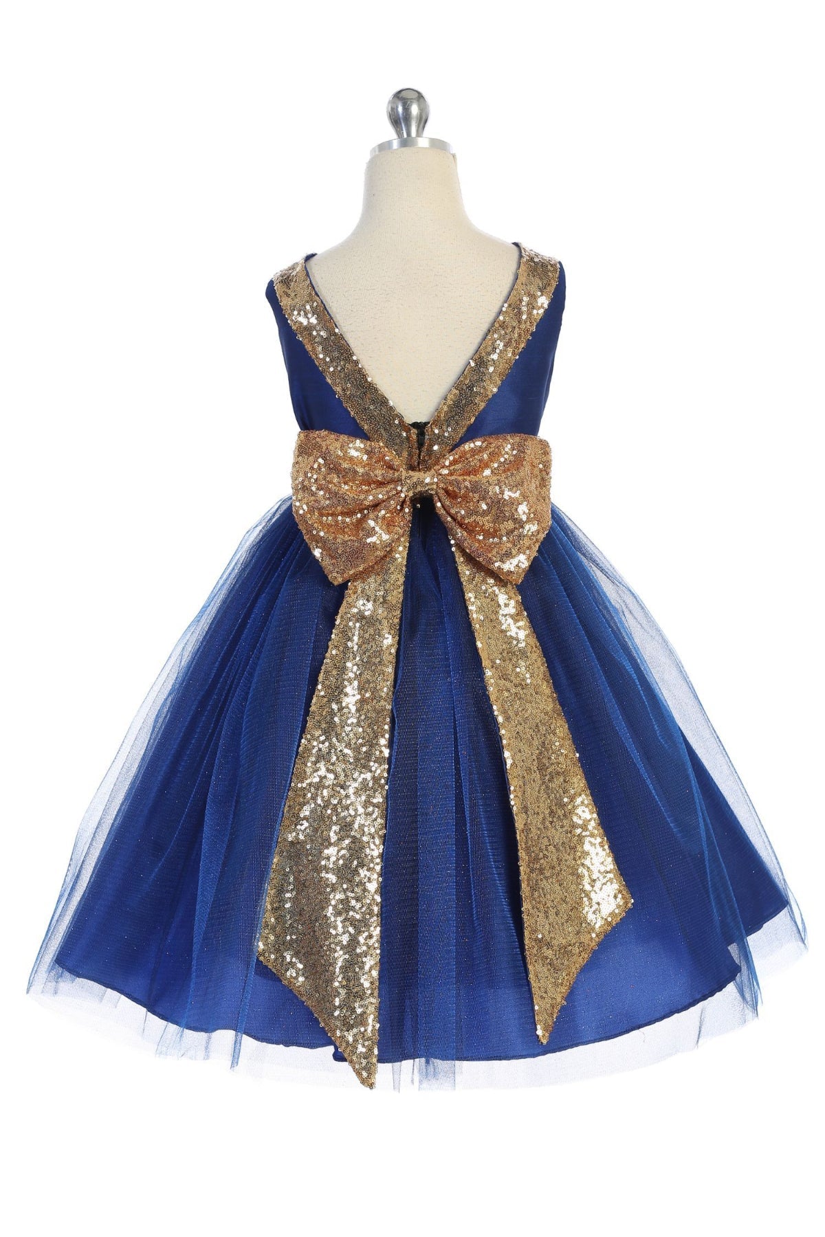 Gold Sequins V Back & Bow Girls Dress