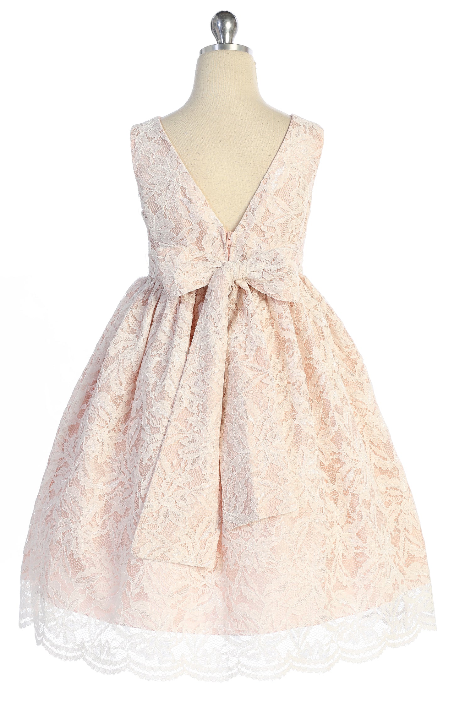 All Lace Girls Dress with V Back & Bow and Thick Pearl Trim