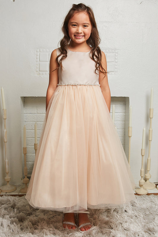 Satin Top Dress with Wavy Rhinestone & Pearl Trim and Plus Sizes
