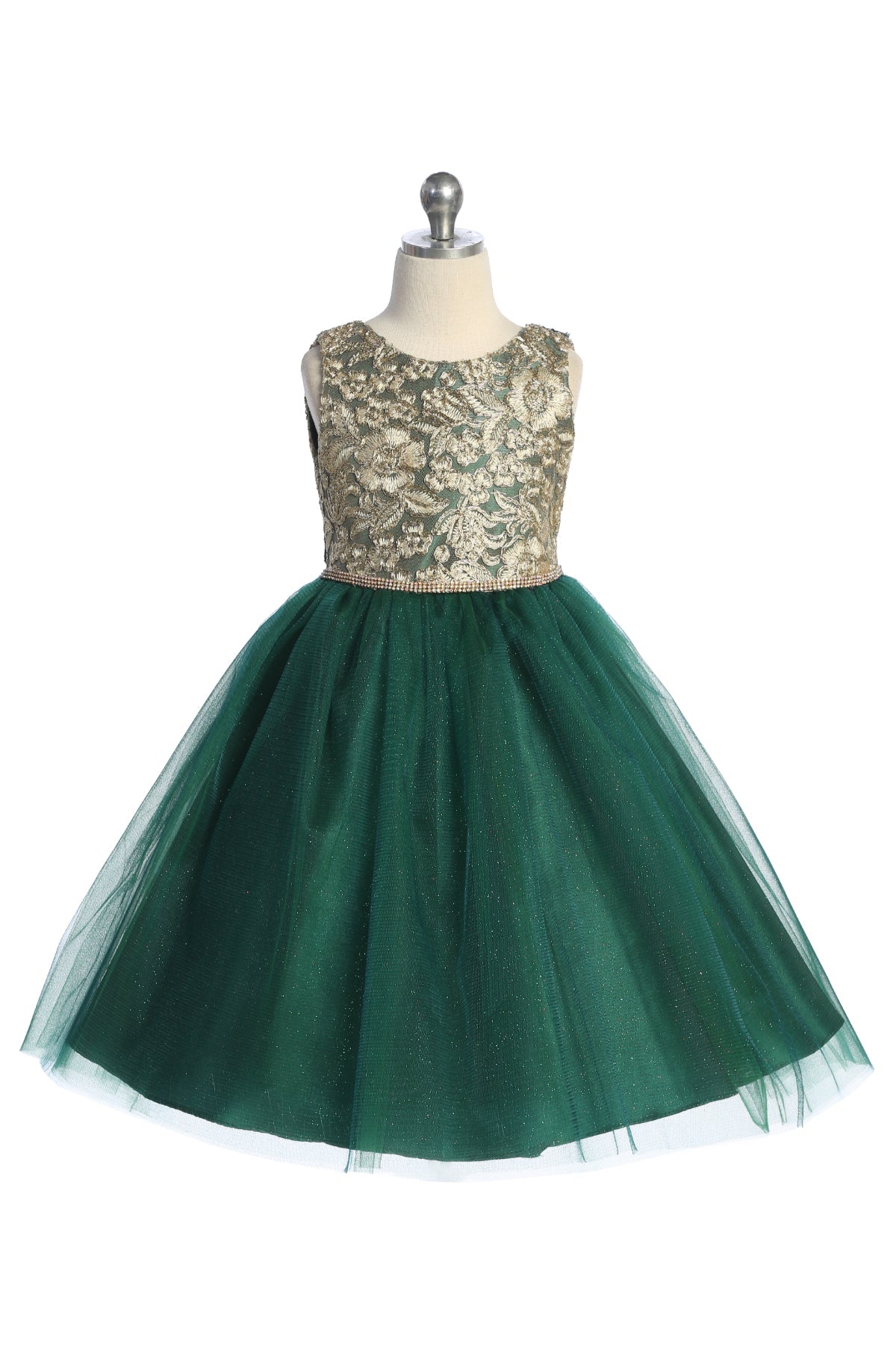 Gold Embroidered Lace V Back & Bow Plus Size Girls Dress 16.5 / Green Gold Embroidered Lace V Back & Bow Plus Size Girls Dress 16.5 / Green