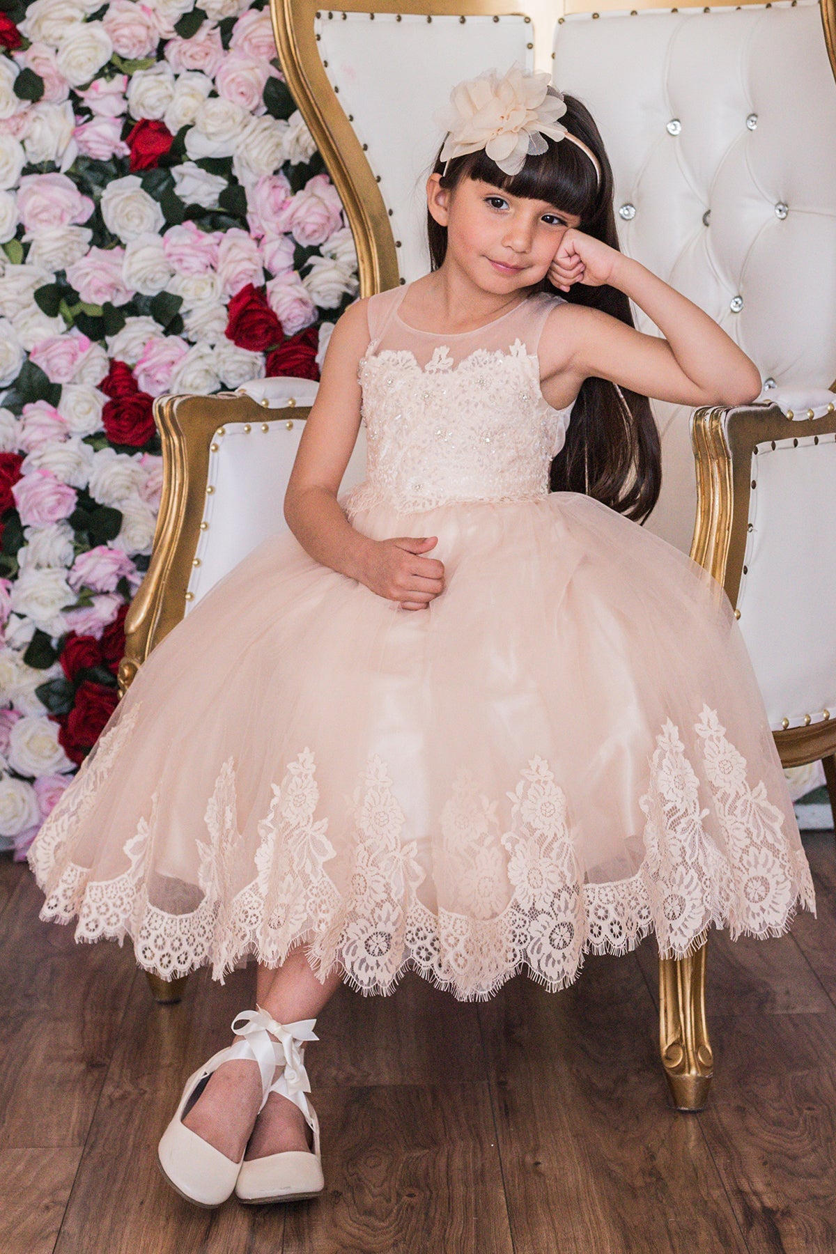 Vintage Rose Lace Appliqué Illusion Bateau Girls Dress with Plus Sizes –  Kid's Dream