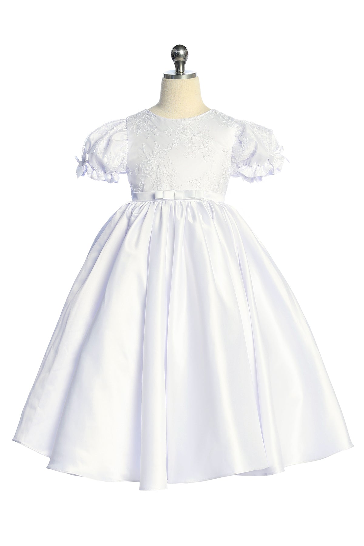 Satin Babydoll Embroidered Puff Sleeve Full Girls Dress with Plus Sizes 12 / White Satin Babydoll Embroidered Puff Sleeve Full Girls Dress with Plus Sizes 12 / White