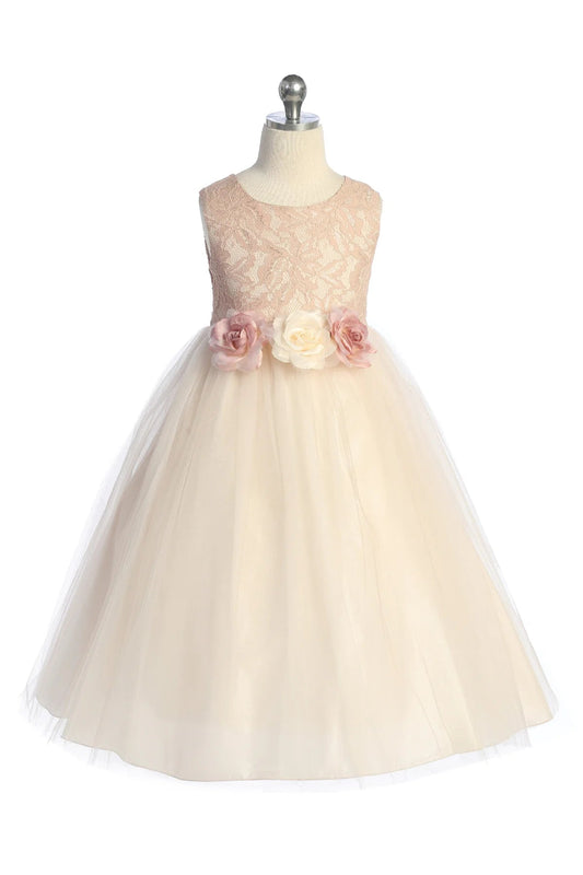 Long Lace Illusion Girls Dress with 3 Flowers