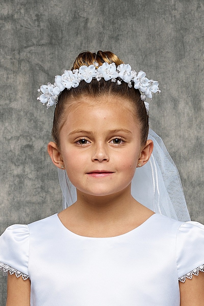 White Flowers and Pearls Crown First Communion Veil