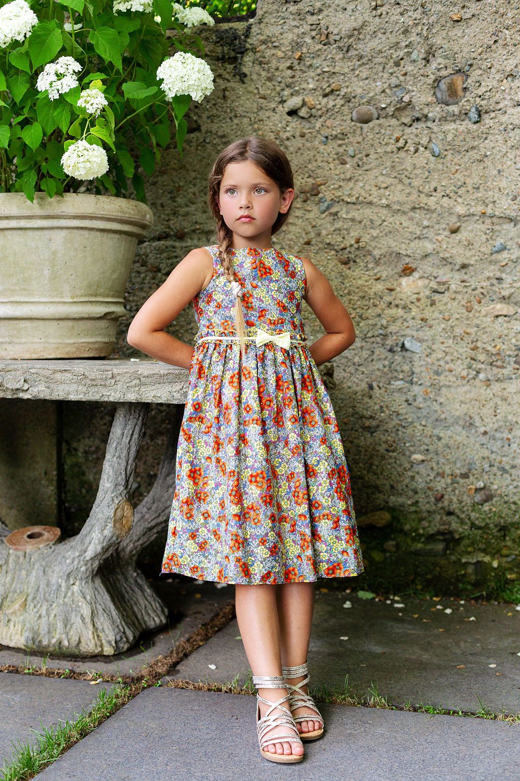 Boho Floral Print Cotton Girls Dress with Bow and Plus Sizes