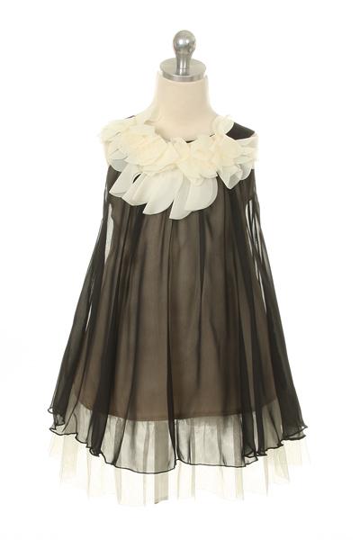 Chiffon Dress with Flower Ruffle Neckline 4 / Black