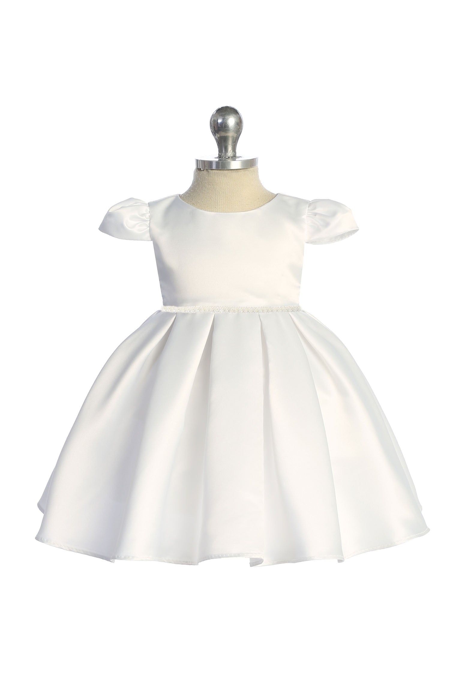 Classic Pleated Baby Dress with Pearl Trim L-18M / White