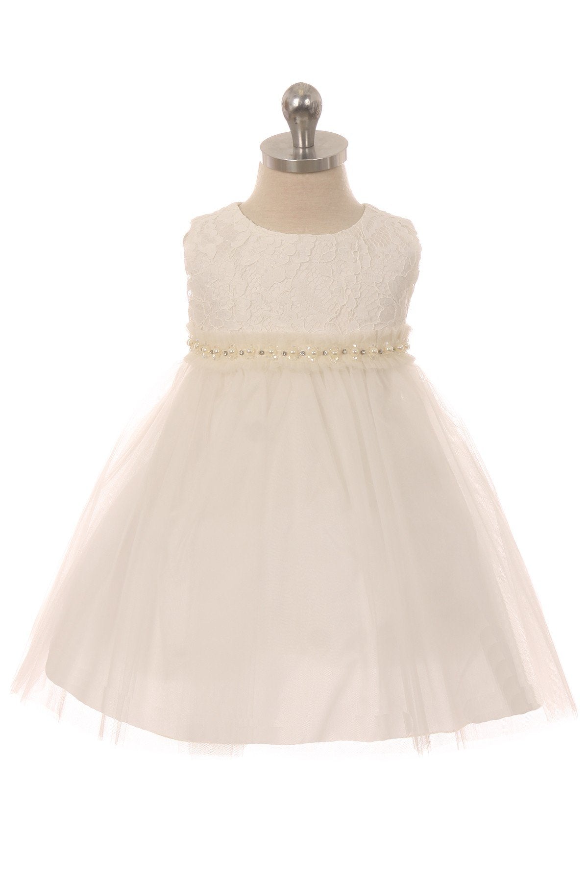 Lace Illusion Baby Dress with Mesh Pearl Trim S-6M / Off-White