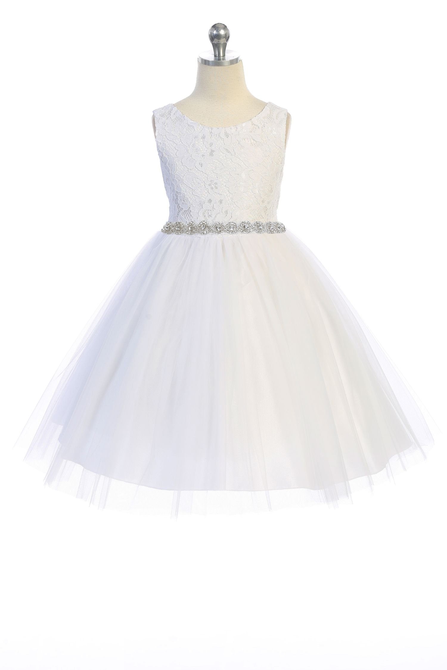 Lace Illusion Girls Dress with Rhinestone Trim Kid's Dream Lace Illusion Girls Dress with Rhinestone Trim Kid's Dream