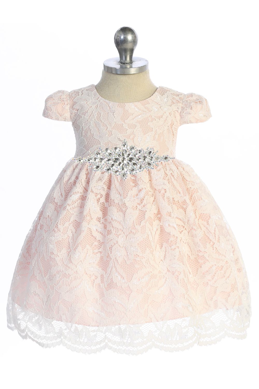 Dress - Lace V Back Bow Baby Dress W/ Diamond Shape Rhinestone Trim