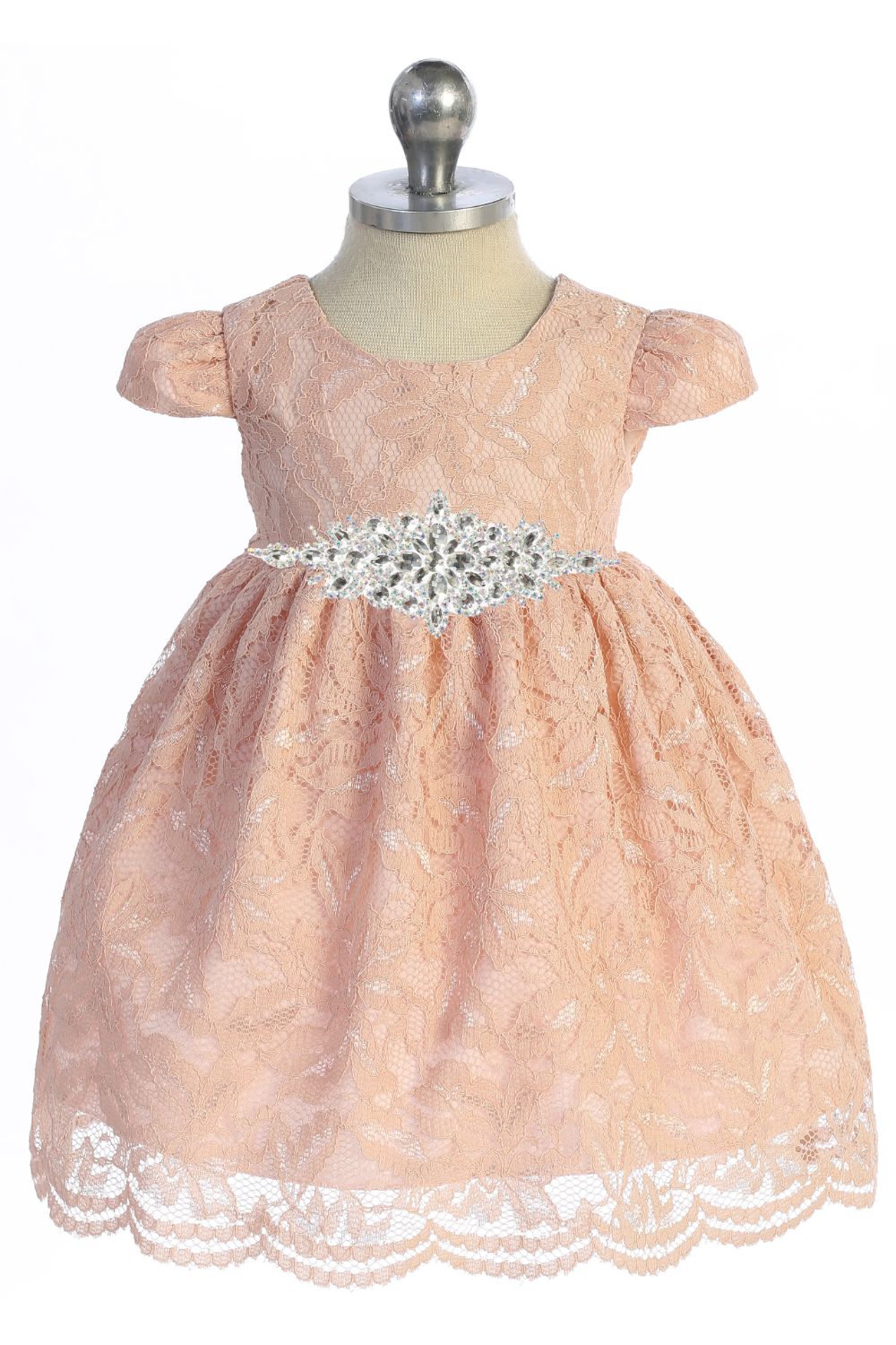 Dress - Lace V Back Bow Baby Dress W/ Diamond Shape Rhinestone Trim