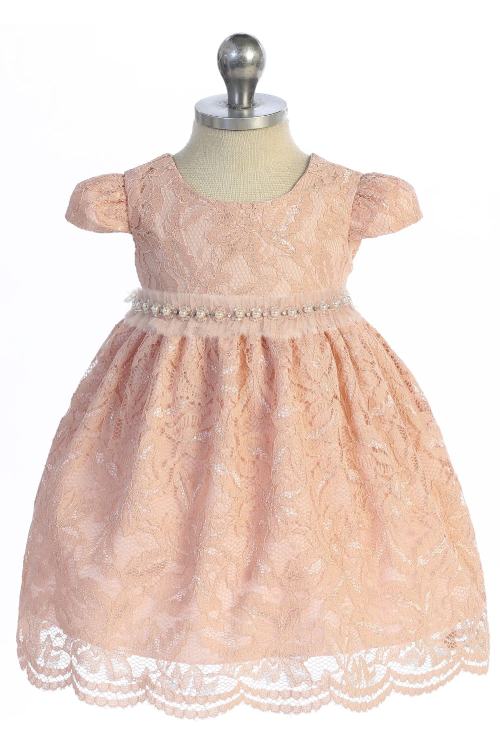 Dress - Lace V Back Bow Baby Dress W/ Mesh Pearl Trim