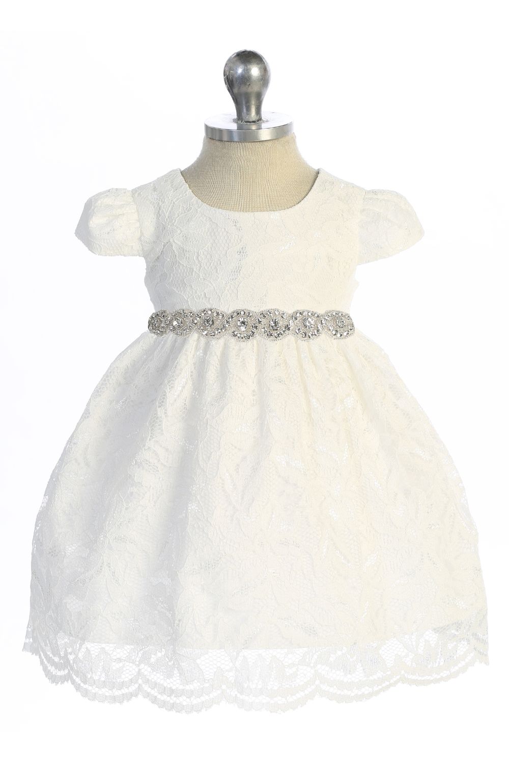 Dress - Lace V Back Bow Baby Dress W/ Rhinestone Trim