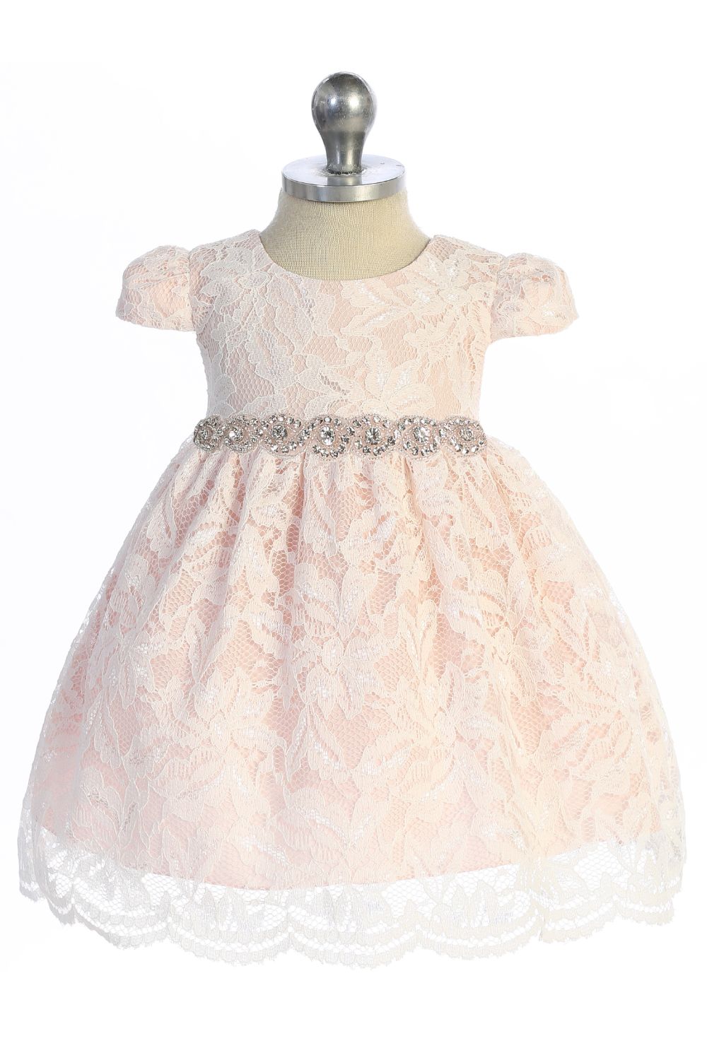 Dress - Lace V Back Bow Baby Dress W/ Rhinestone Trim