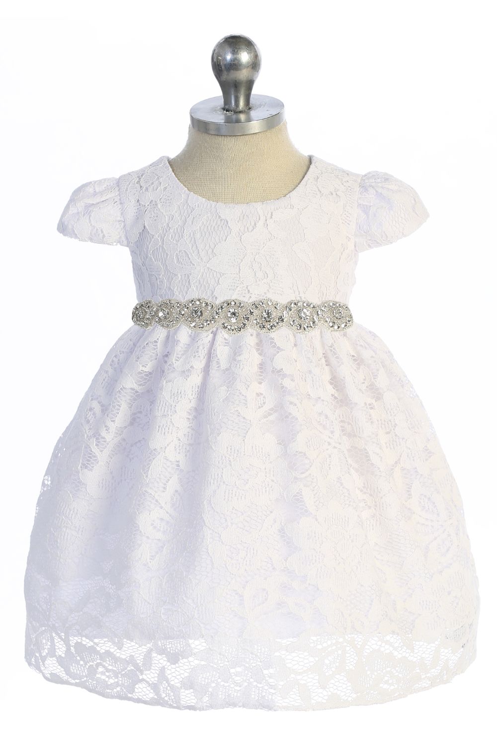 Dress - Lace V Back Bow Baby Dress W/ Rhinestone Trim