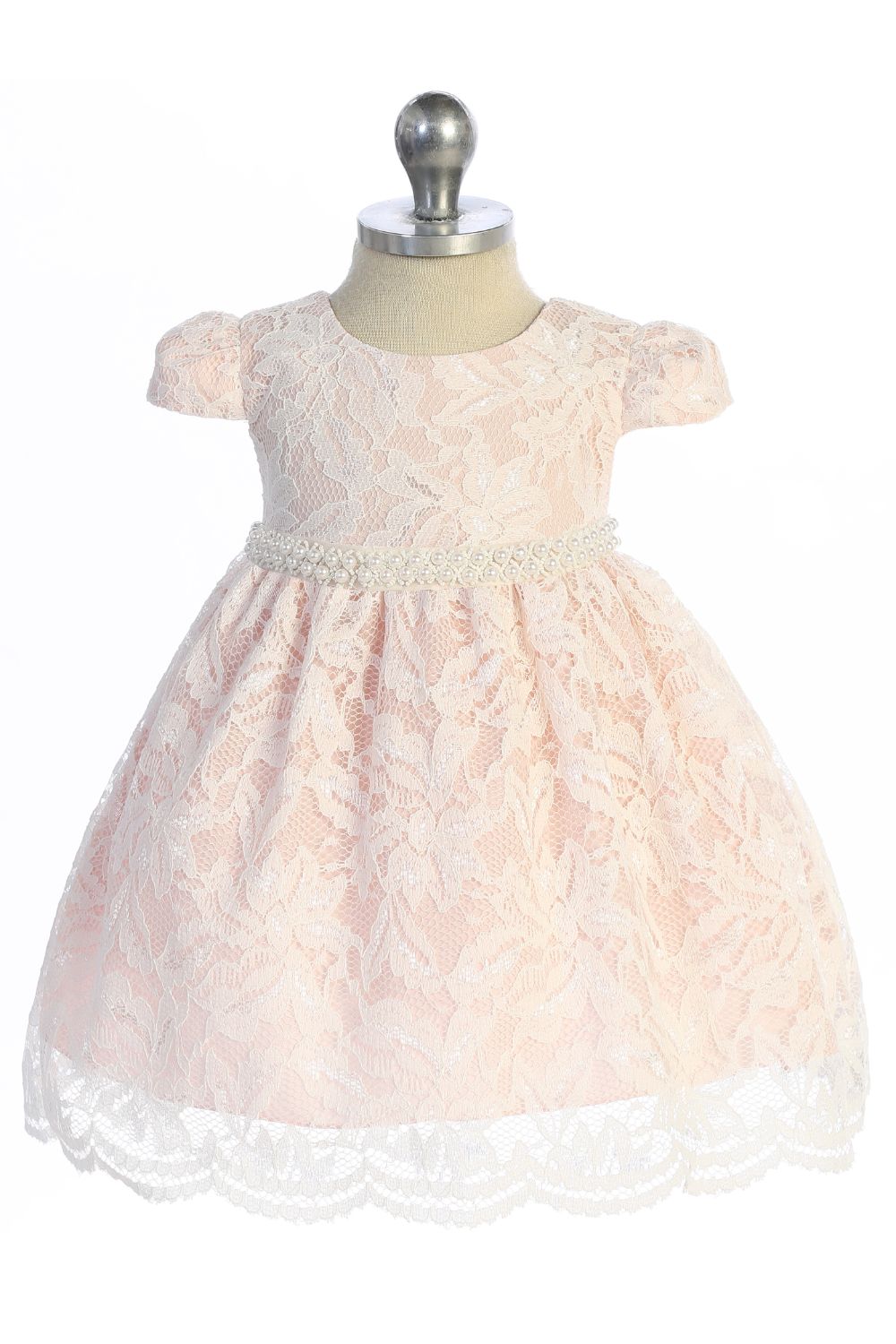 Dress - Lace V Back Bow Baby Dress W/ Thick Pearl Trim
