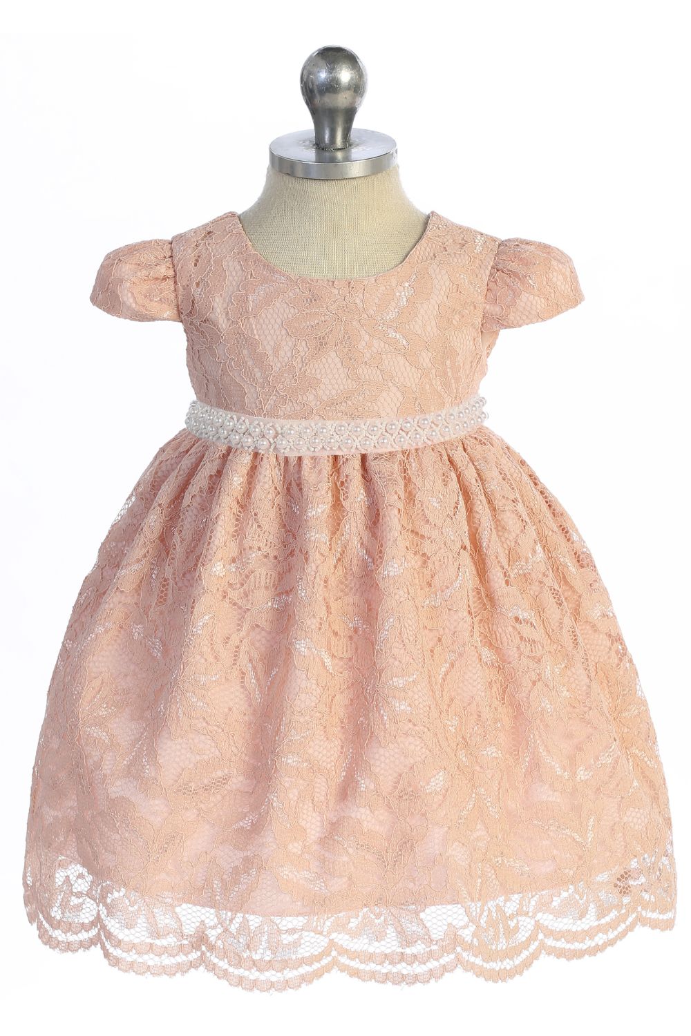 Dress - Lace V Back Bow Baby Dress W/ Thick Pearl Trim
