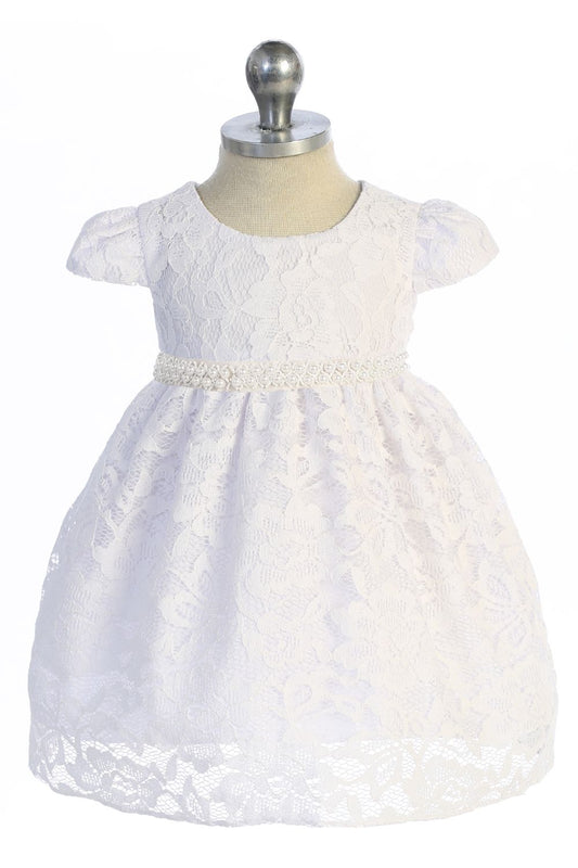 Dress - Lace V Back Bow Baby Dress W/ Thick Pearl Trim