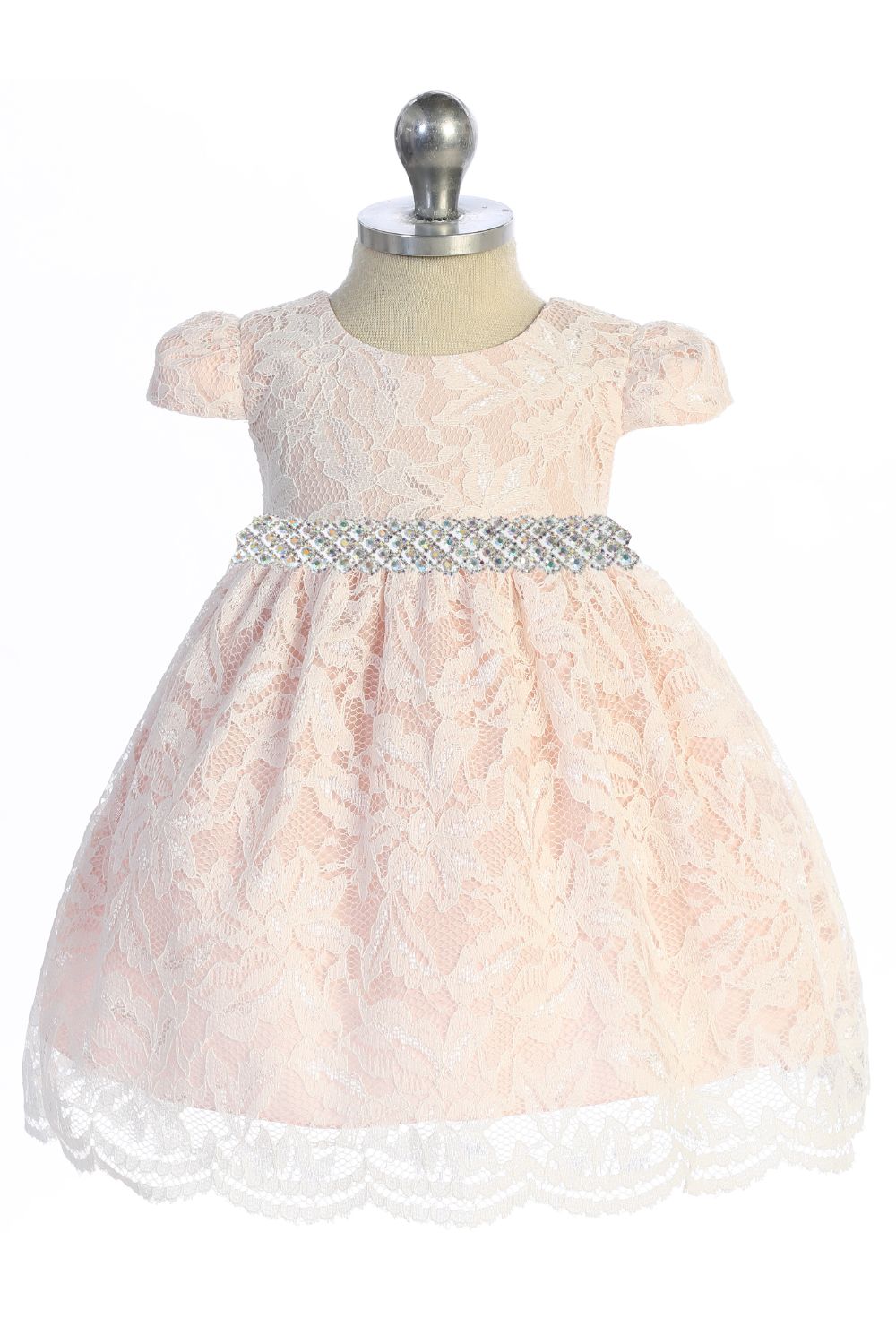 Dress - Lace V Back Bow Baby Dress W/ Thick Rhinestone Trim