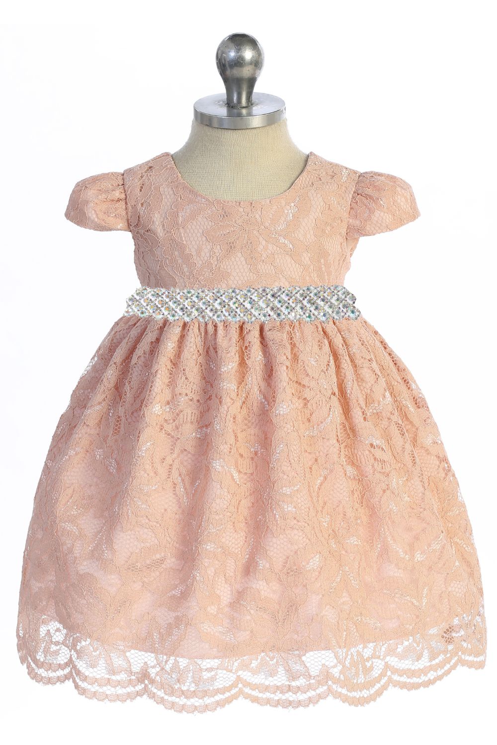 Dress - Lace V Back Bow Baby Dress W/ Thick Rhinestone Trim