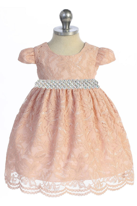 Dress - Lace V Back Bow Baby Dress W/ Thick Rhinestone Trim