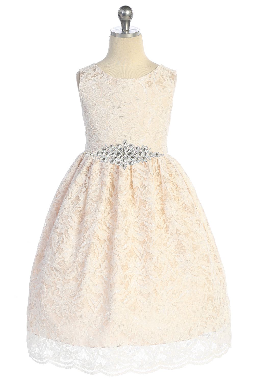 Dress - Lace V Back Bow Dress W/ Diamond Shape Rhinestone Trim