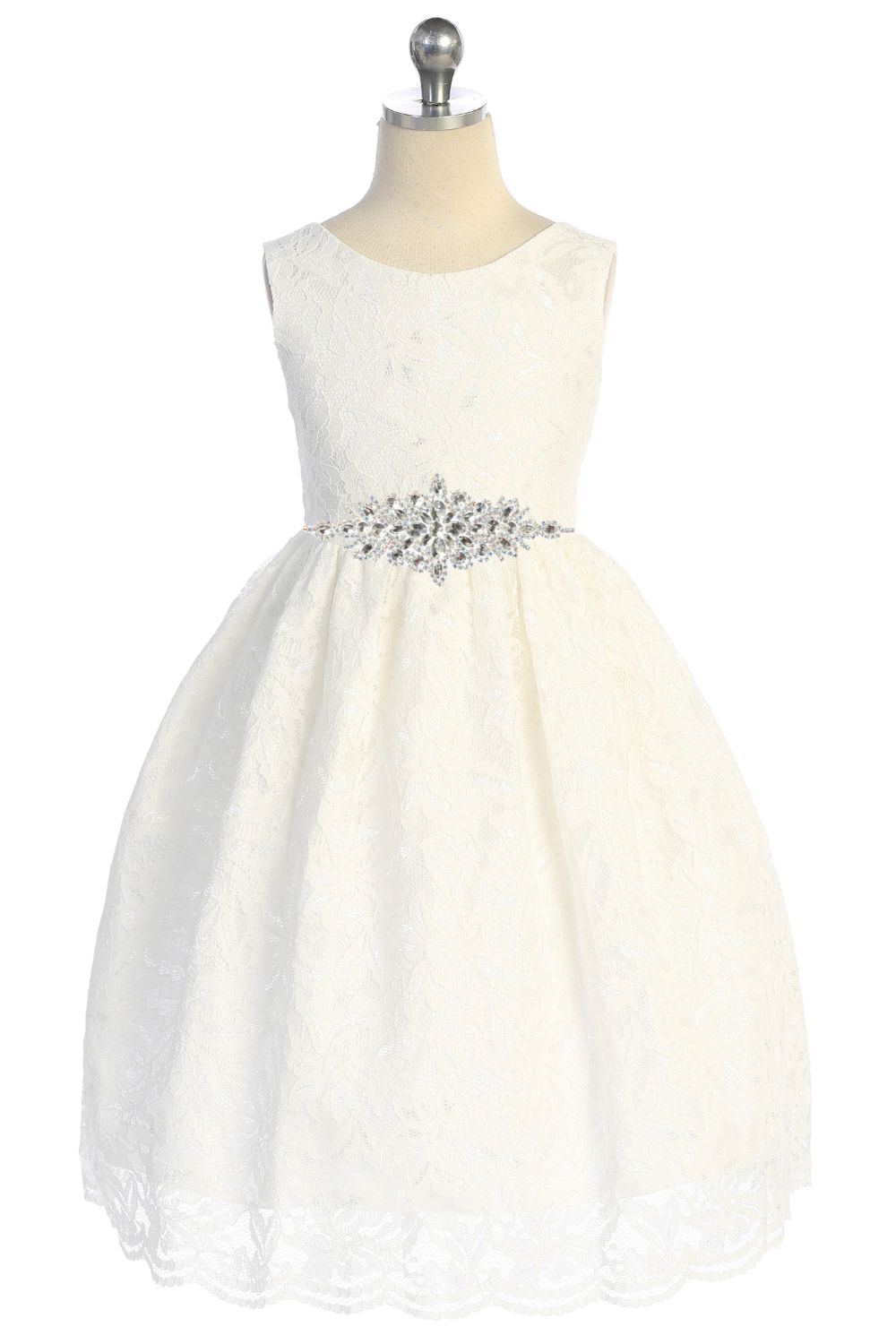 Dress - Lace V Back Bow Dress W/ Diamond Shape Rhinestone Trim