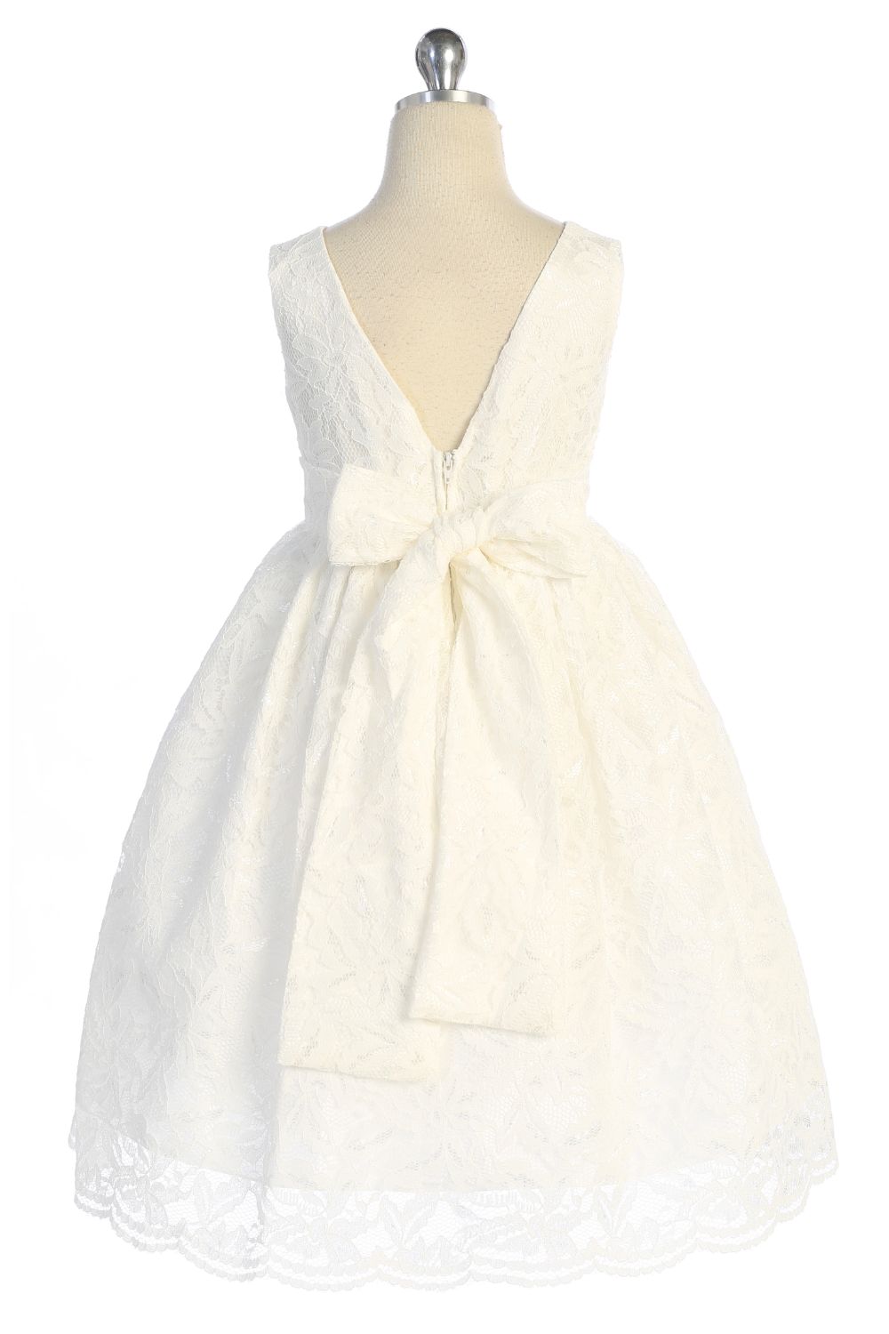 Dress - Lace V Back Bow Dress W/ Diamond Shape Rhinestone Trim