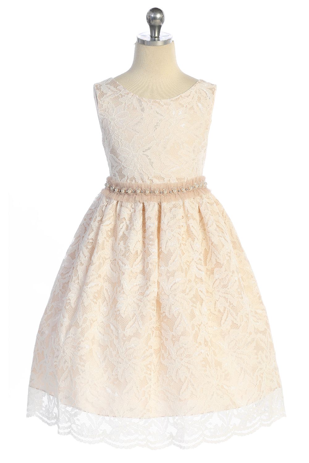 Dress - Lace V Back Bow Dress W/ Mesh Pearl Trim