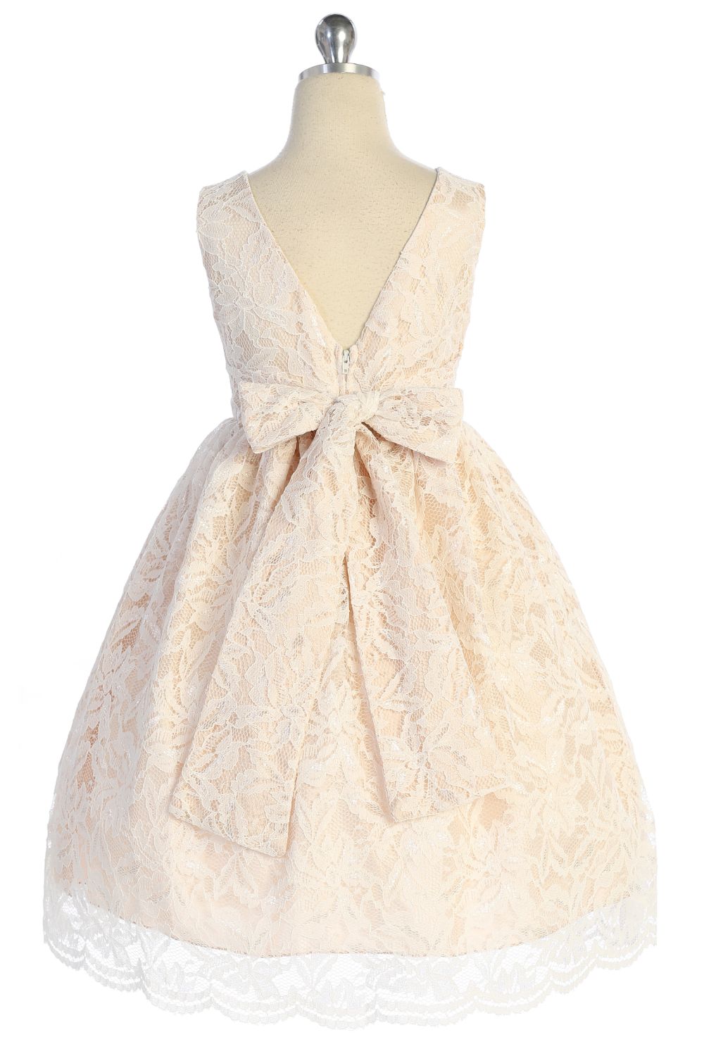 Dress - Lace V Back Bow Dress W/ Mesh Pearl Trim